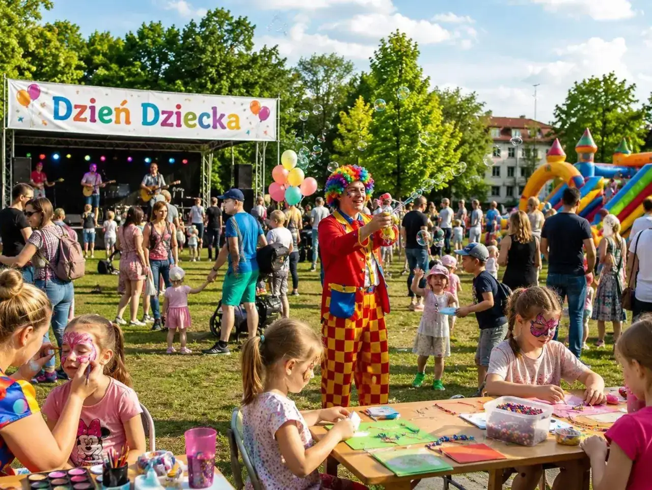 Wesoły festyn z okazji Dnia Dziecka. Dzieci malują twarze, klaun puszcza bańki, a na scenie gra zespół.